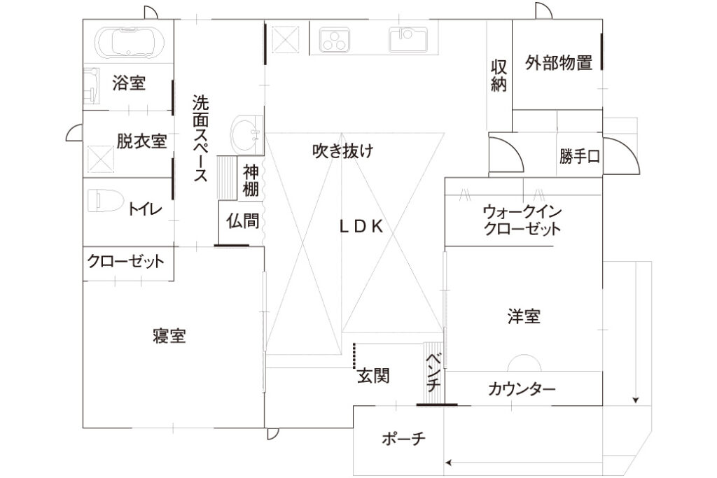 吹き抜けから降りそそぐ光|家族がくつろげる開放的な平屋